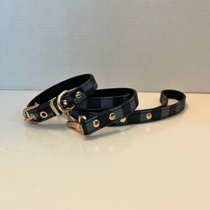 Luxury Designer inspired black/gray check dog collar and leash set Size S